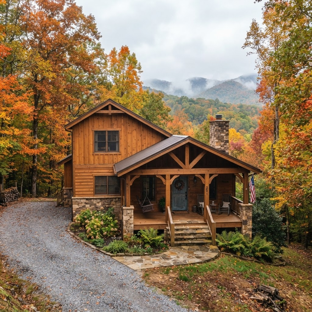Luxury mountain cabin home nestled among autumn trees in the Blue Ridge Mountains