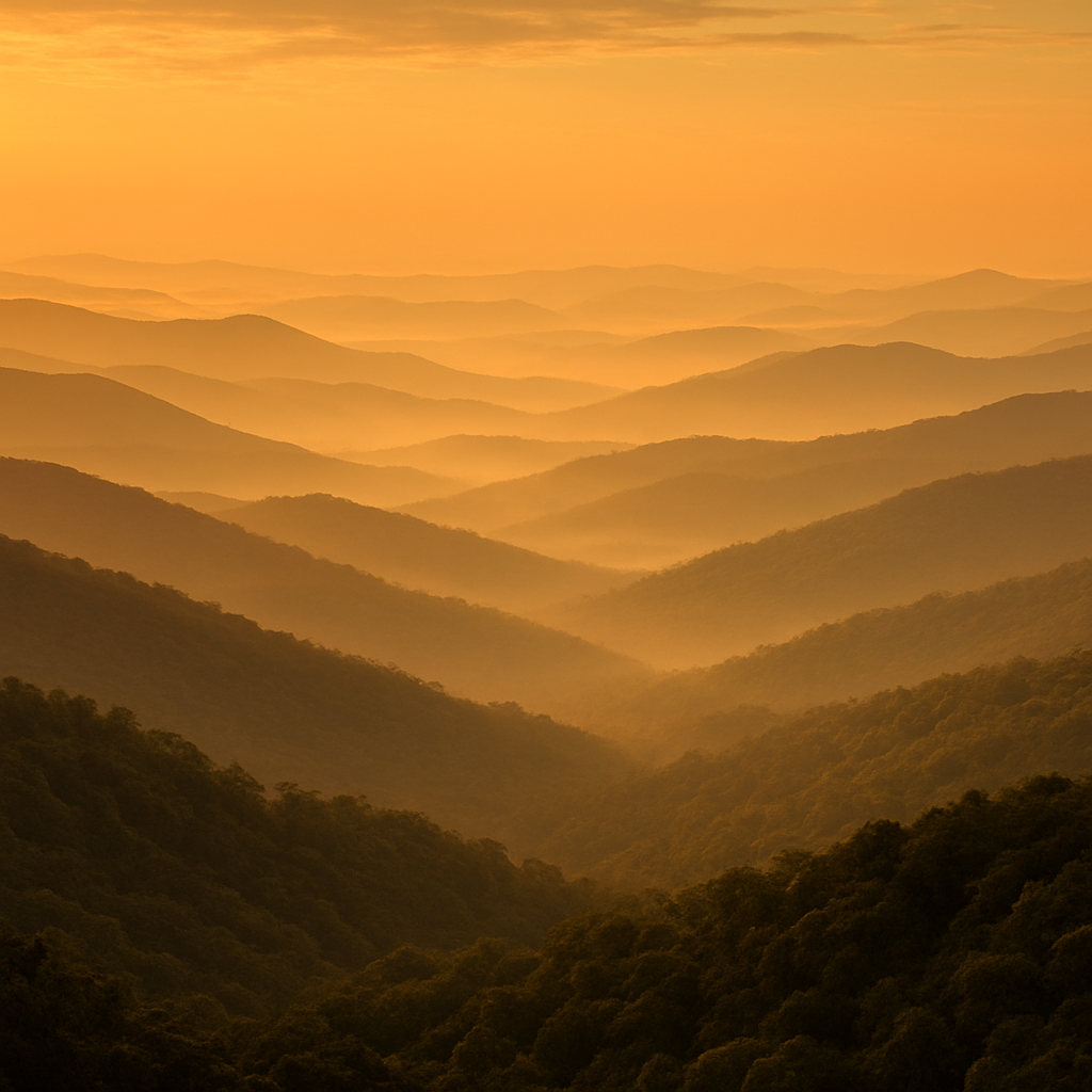 Layered Blue Ridge mountain ridges in Western North Carolina at golden hour